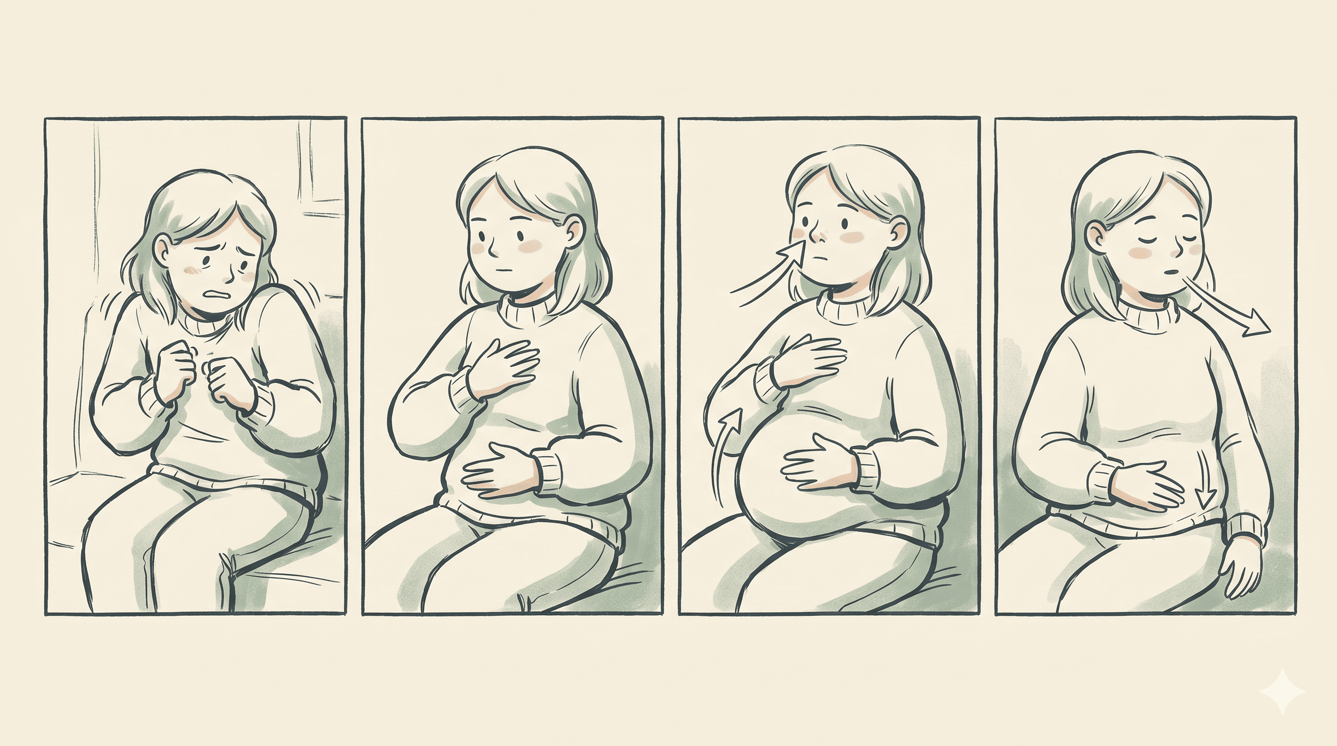 Character performing diaphragmatic belly breathing, one hand on belly rising on inhale and a longer exhale through the mouth