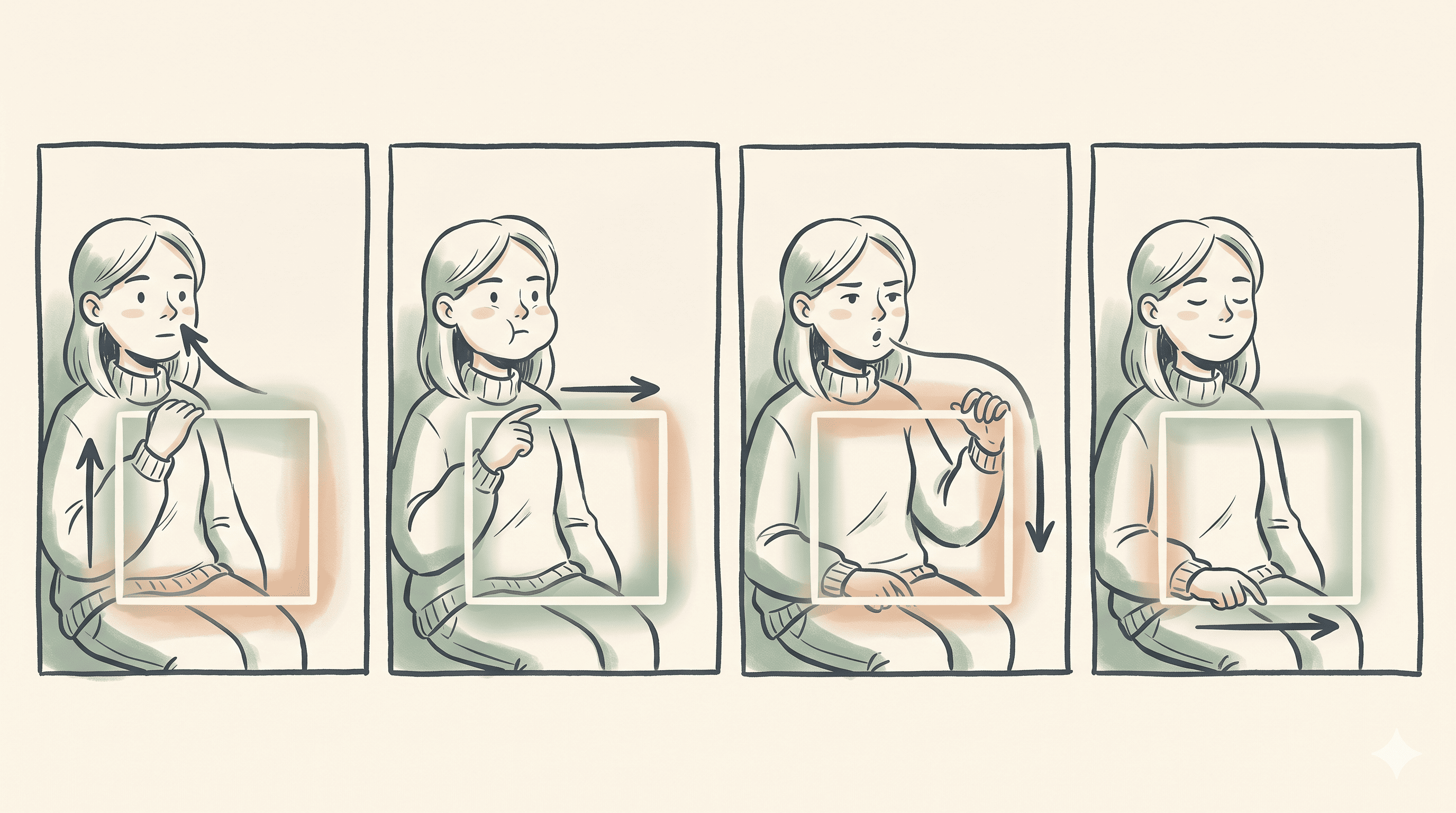 Character performing box breathing, tracing a square of four equal phases: inhale, hold, exhale, hold