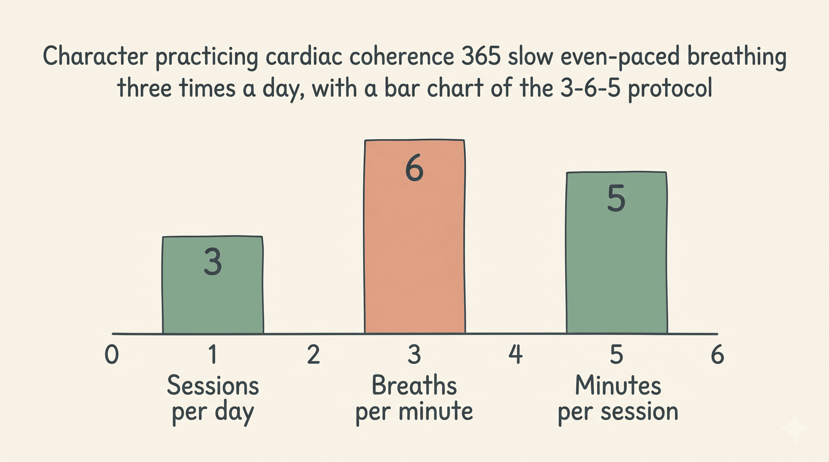 Character practicing cardiac coherence 365 slow even-paced breathing three times a day, with a bar chart of the 3-6-5 protocol