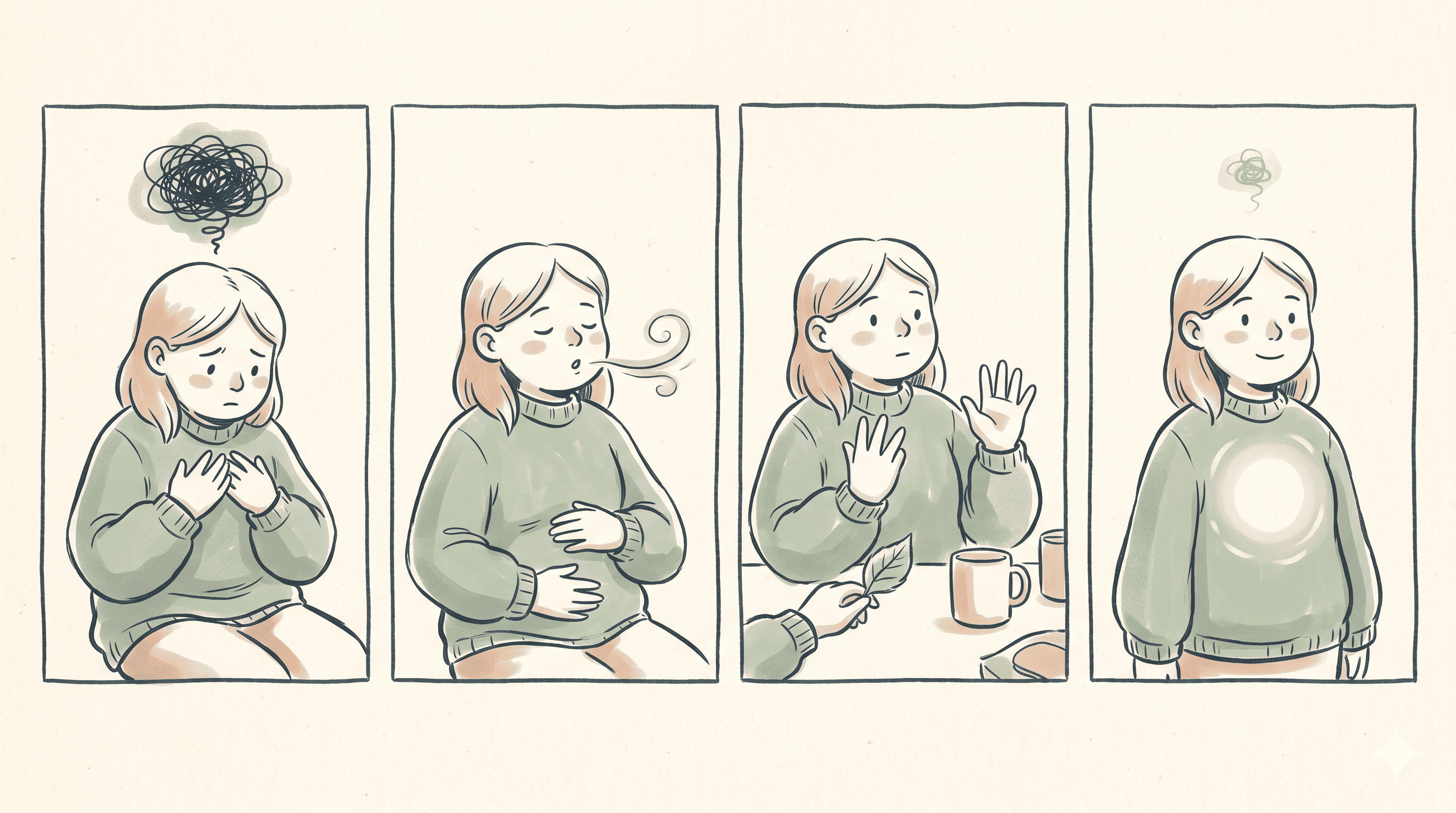Four-panel comic of a character going from anxious with a worry cloud, to deep breathing, to grounding with the senses, to standing calm and relaxed.