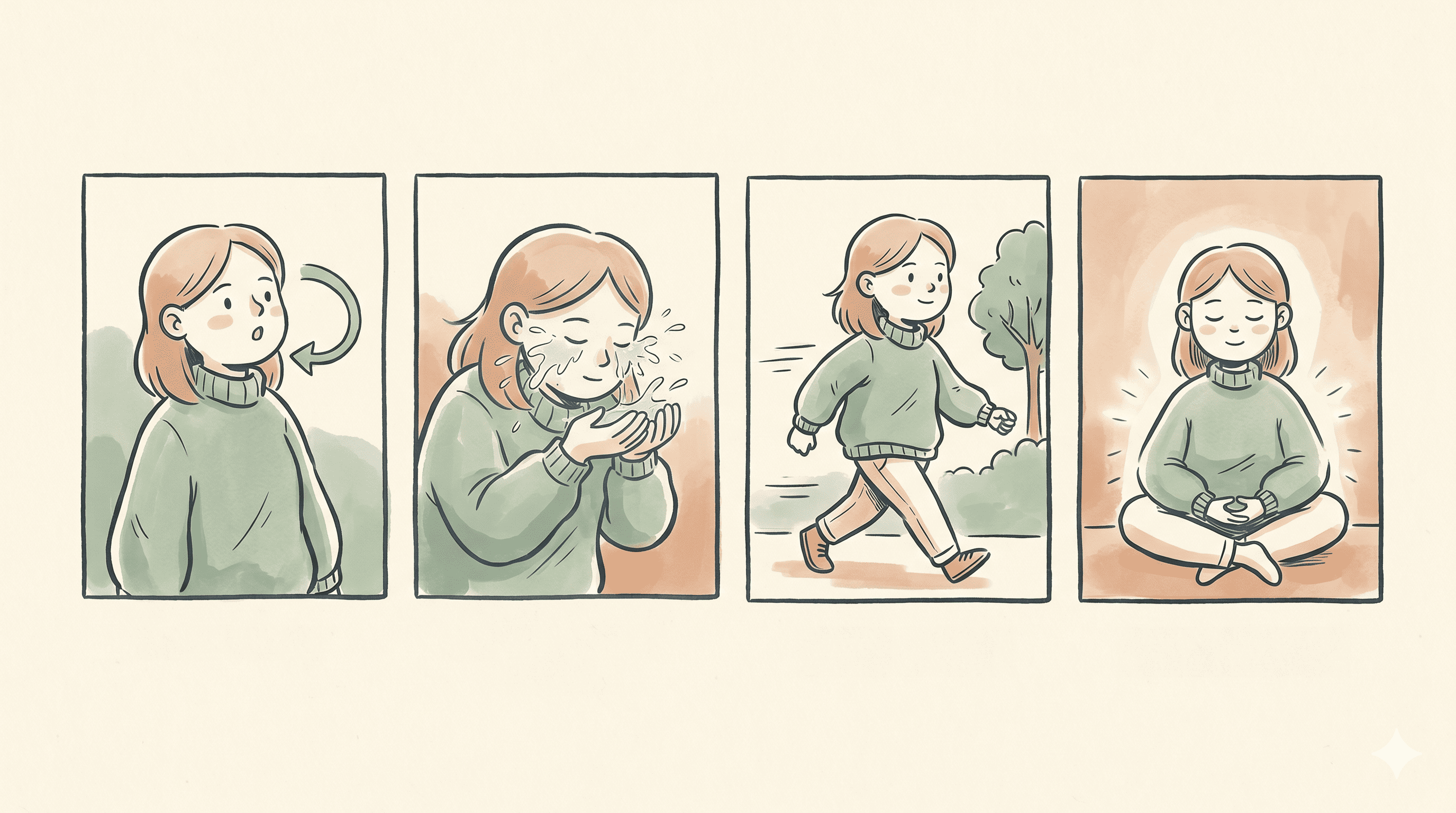 Four-panel lineup of core coping tools: breathing, cold water on the face, a brisk walk, and seated mindfulness, all shown by the same character.