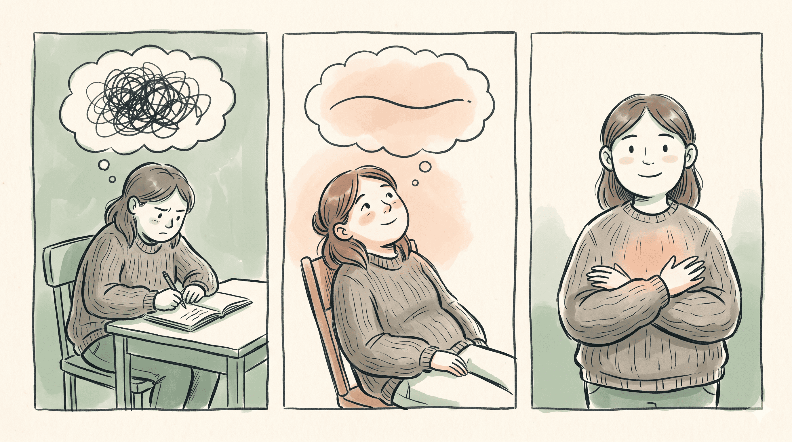 Three-panel comic of a character journaling a tangled worry, watching it untangle into calm, then standing confident and in control.